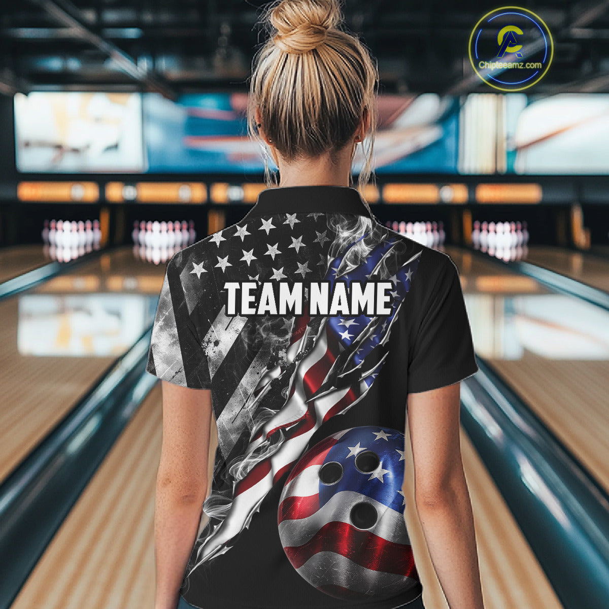 Female bowler wearing personalized Smoke US Flag bowling jersey during league tournament competition, patriotic bowling apparel