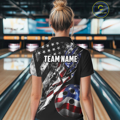 Female bowler wearing personalized Smoke US Flag bowling jersey during league tournament competition, patriotic bowling apparel