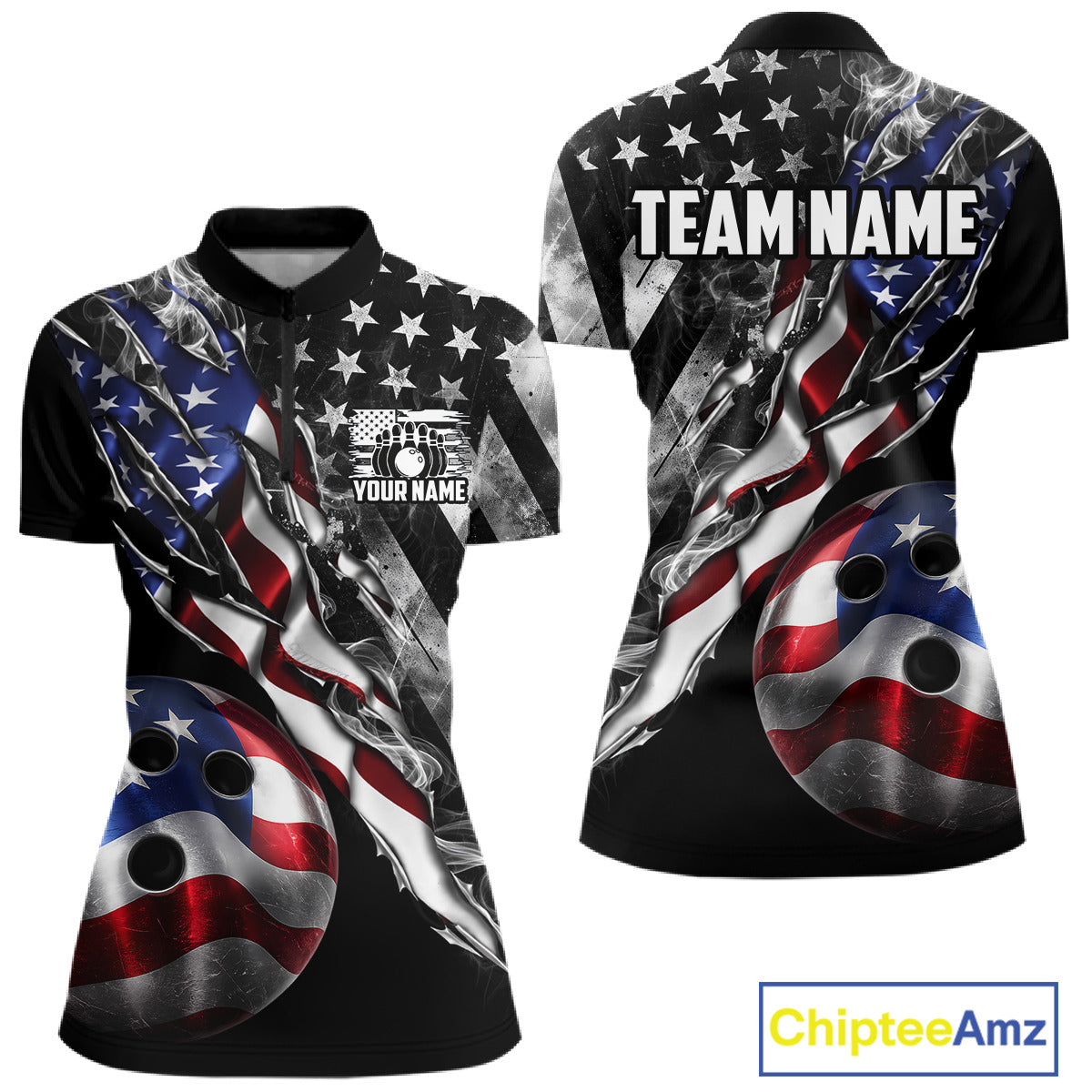 Personalized Smoke US Flag women's quarter zip bowling shirt patriotic bowling team jersey, custom bowling uniform, professional bowling apparel