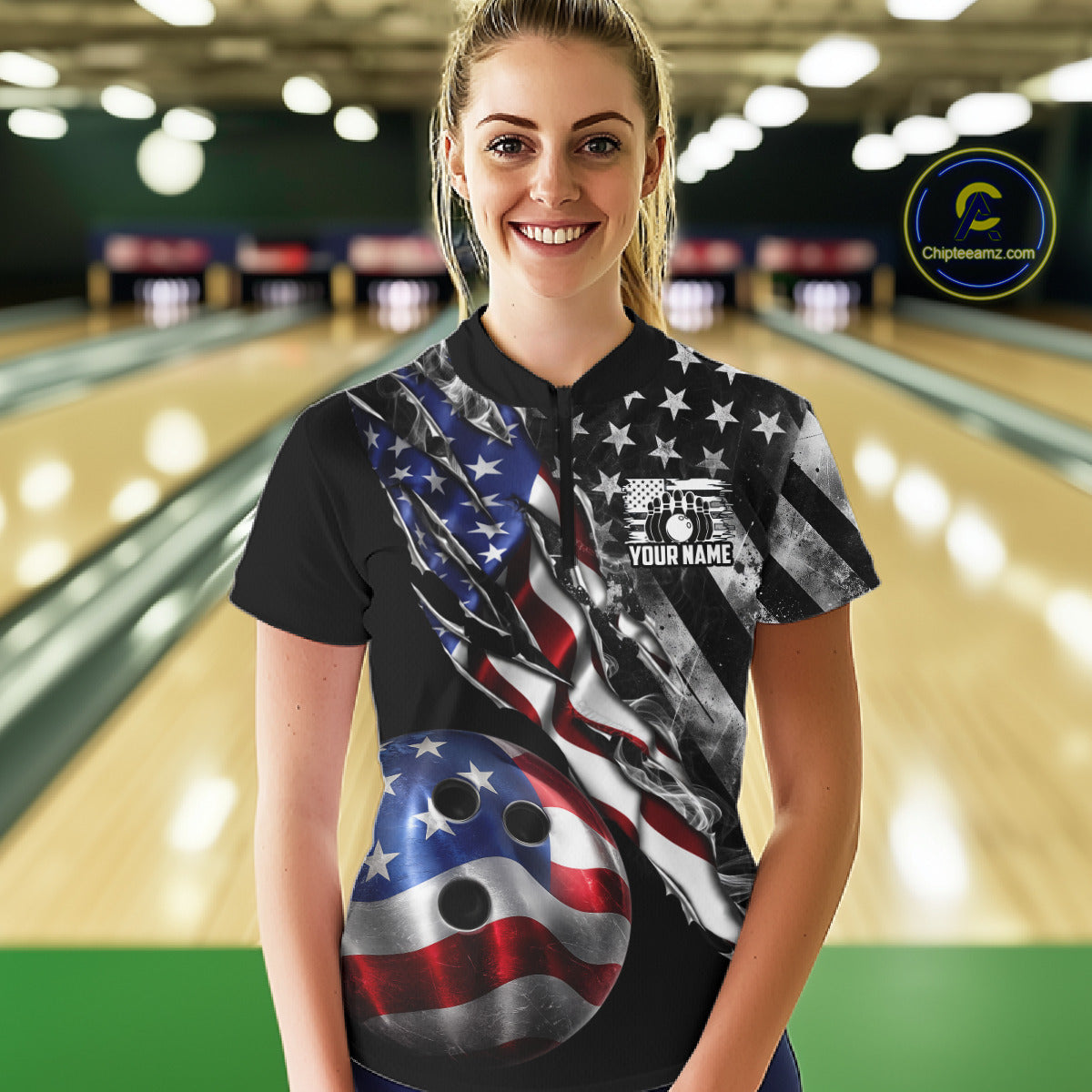 Female bowler wearing personalized Smoke US Flag bowling jersey during league tournament competition, patriotic bowling apparel