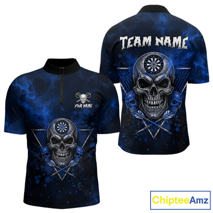 Custom Blue Splatter Multi-Skull Men Darts Arrow Quarter-Zip League Shirts Dart Team Jerseys NYN2201