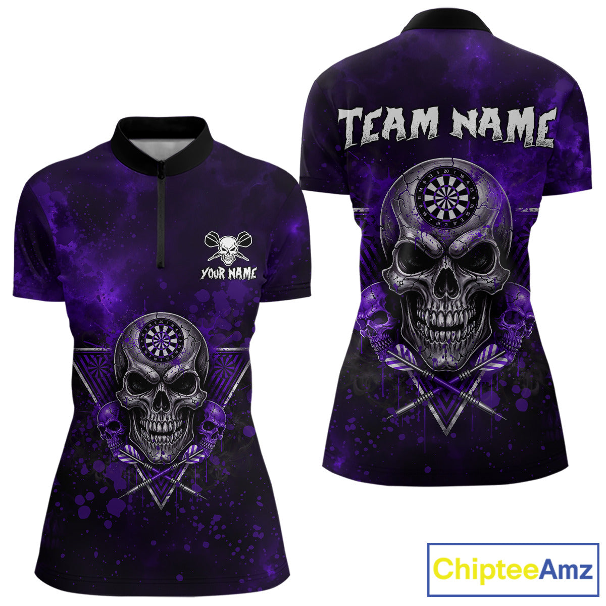 Custom Purple Splatter Multi-Skull Women Darts Arrow Quarter-Zip League Shirts Dart Team Jerseys NYN2202