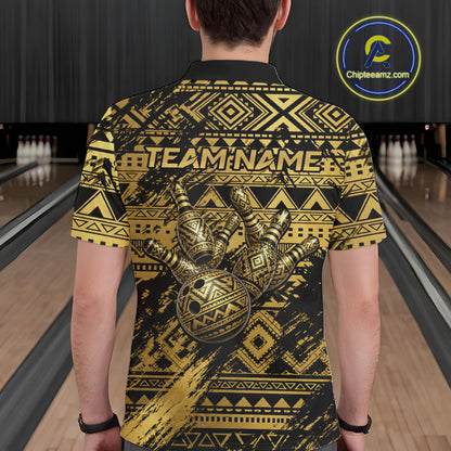 Male bowler wearing Gold Tribal bowling polo with tribal warrior graphics, island culture inspiration, personalized league jersey, competitive bowling apparel, leadership and strength symbolism.