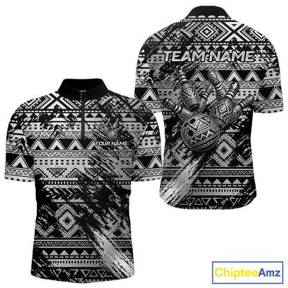 Silver Tribal Quarter-Zip Bowling Shirt with Polynesian tribal design, personalized bowling team name, quick-dry athletic fabric, custom bowling tournament apparel.