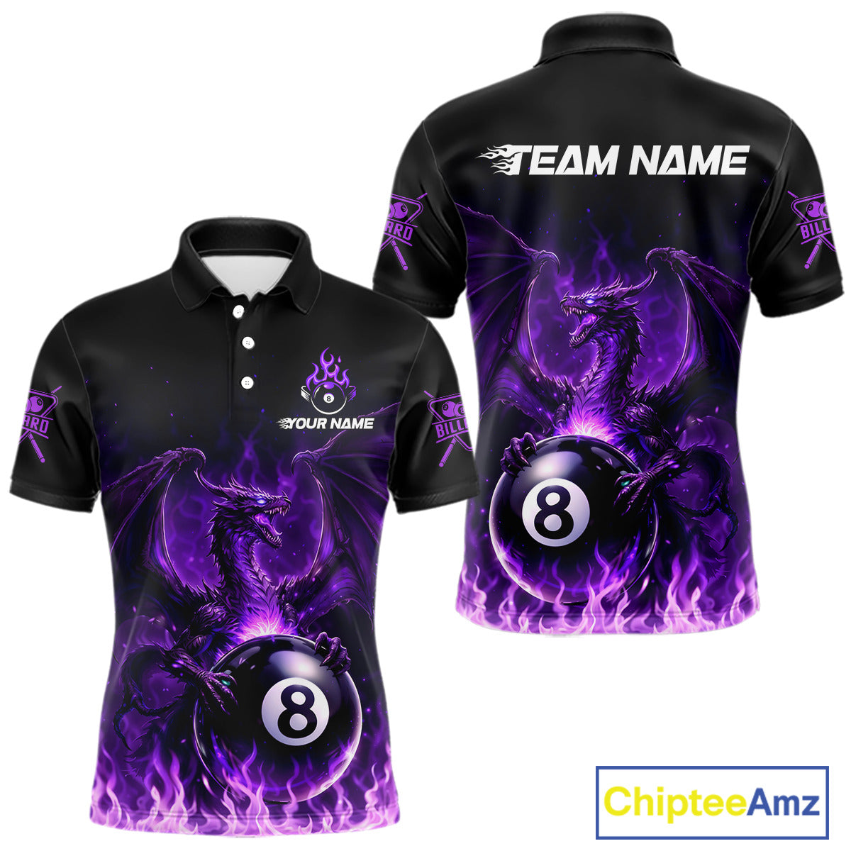 Purple Flaming Dragon Play Pool 8 Ball Men Billiard Shirt Custom Billiard Polo & 1/4-Zip Attire NYN2493