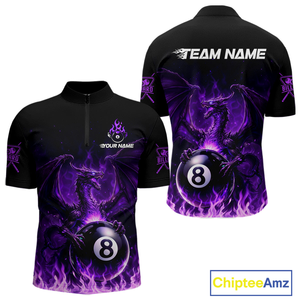 Purple Flaming Dragon Play Pool 8 Ball Men Billiard Shirt Custom Billiard Polo & 1/4-Zip Attire NYN2493