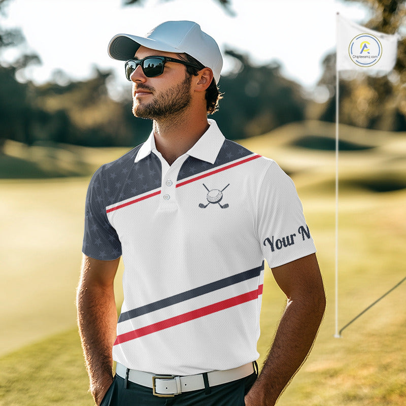 Mens Golf Polo Shirt Custom American Flag White Golf Shirt Patriotic Polo Team Clothing Attire NYN2852