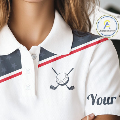 Womens Golf Polo Shirt Custom American Flag White Golf Shirt Patriotic Polo Team Clothing Attire NYN2852