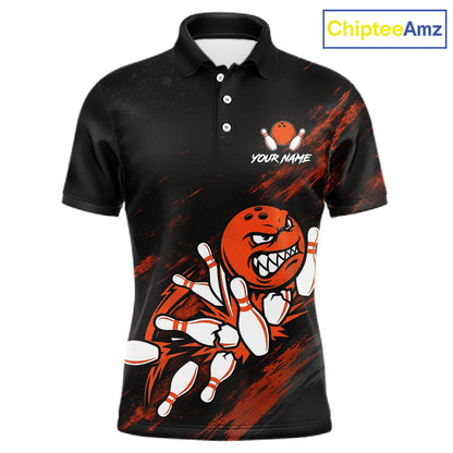 Funny Angry Bowling Ball men's bowling polo shirt custom orange strike bowling team jersey, bowling gift for men