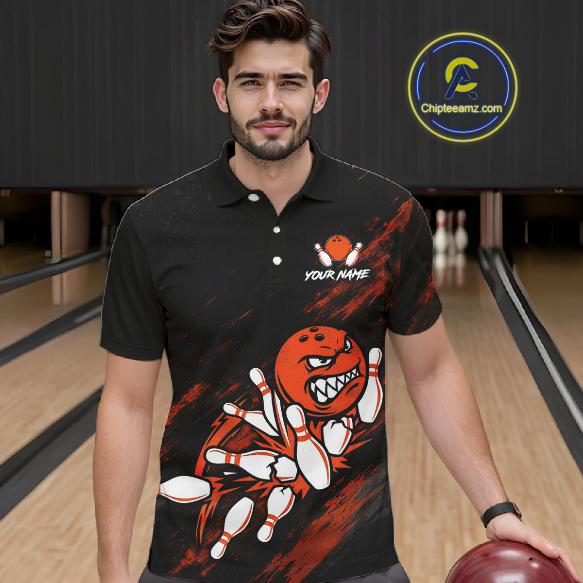 Male bowler wearing Funny Angry Bowling Ball bowling jersey during league competition and bowling event