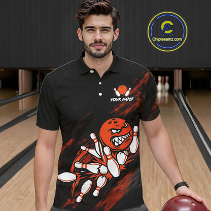 Male bowler wearing Funny Angry Bowling Ball bowling jersey during league competition and bowling event