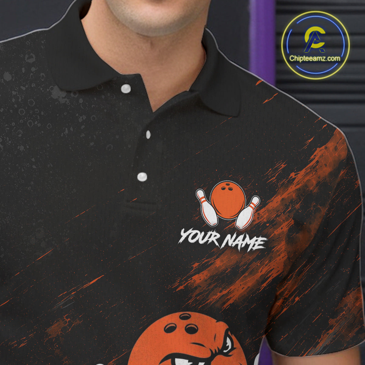 Male bowler wearing Funny Angry Bowling Ball bowling jersey during league competition and bowling event