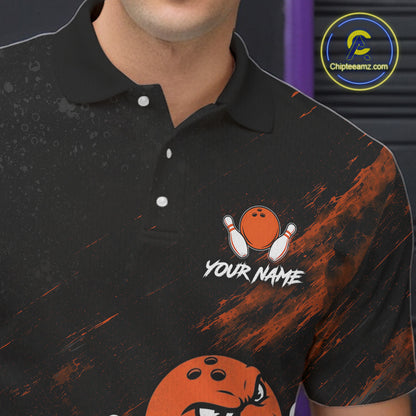 Male bowler wearing Funny Angry Bowling Ball bowling jersey during league competition and bowling event