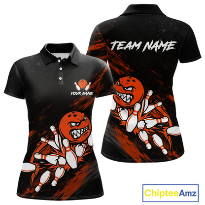 Funny Angry Bowling Ball women's bowling polo shirt custom orange strike bowling team jersey, bowling gift for women