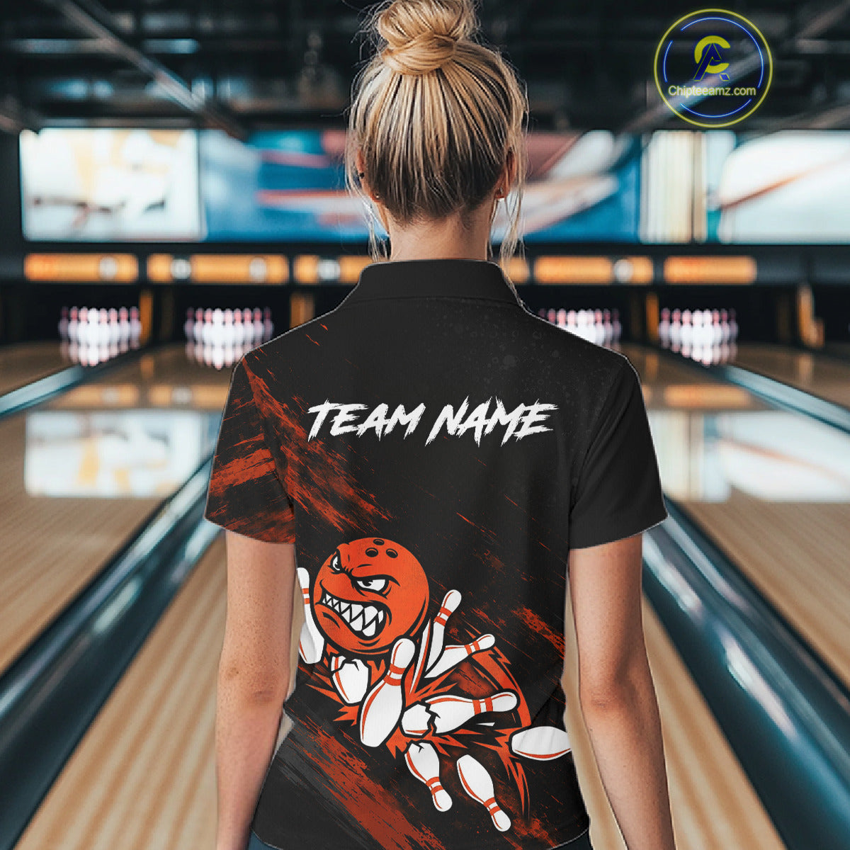Female bowler wearing Funny Angry Bowling Ball bowling jersey during league competition and bowling event