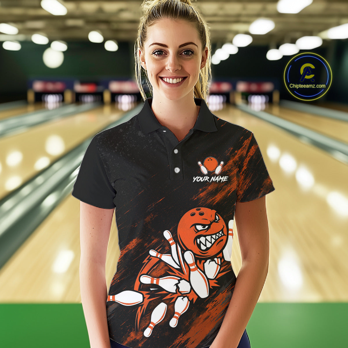 Female bowler wearing Funny Angry Bowling Ball bowling jersey during league competition and bowling event