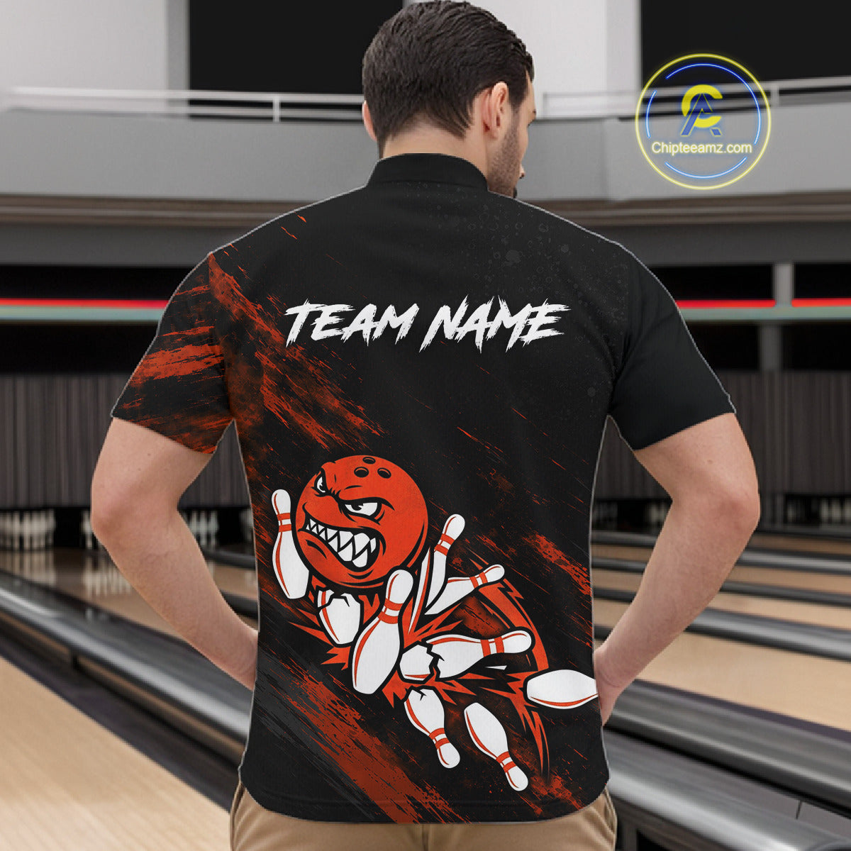 Male bowler wearing Funny Angry Bowling Ball bowling jersey during league competition and bowling event