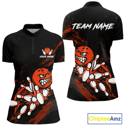 Funny Angry Bowling Ball women's quarter zip bowling shirt custom bowling team apparel, personalized bowling uniform