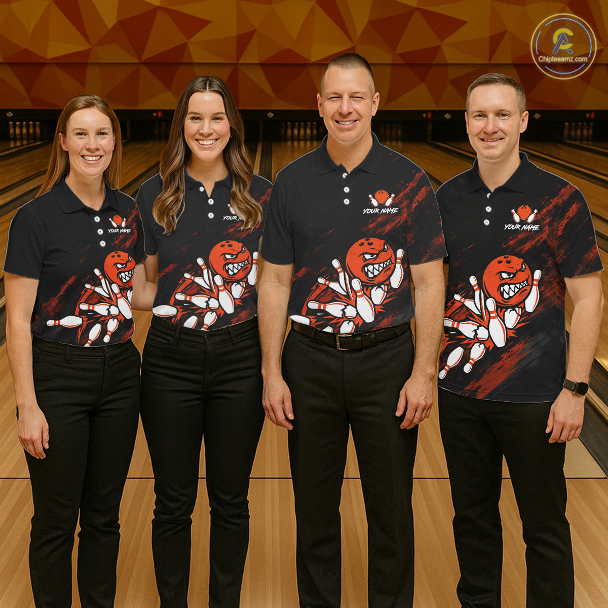 Men women bowling team wearing Funny Angry Bowling Ball custom bowling uniforms and tournament team jerseys
