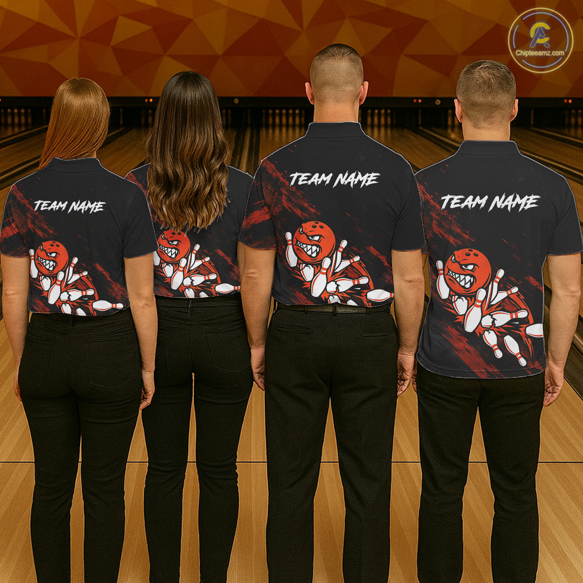Men women bowling team wearing Funny Angry Bowling Ball custom bowling uniforms and tournament team jerseys