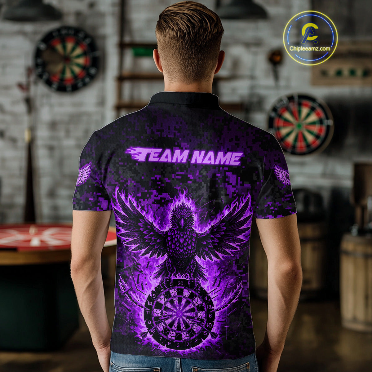 Custom Red Flames Eagle Digital Camo Darts Polo Shirt For Men Cracked Dart Jerseys NYN1959