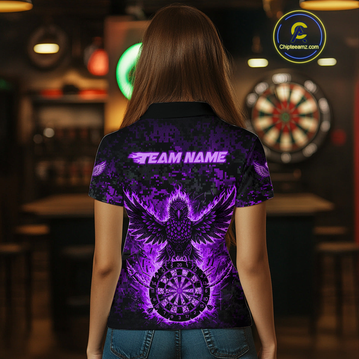 Custom Red Flames Eagle Digital Camo Darts Polo Shirt For Women Cracked Dart Jerseys NYN1959