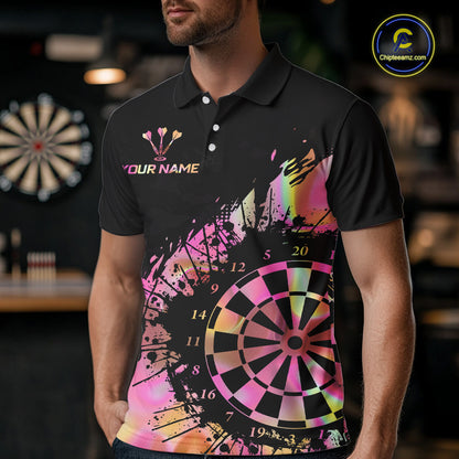 Pink Holographic Dartboard Grunge Darts Polo Shirts For Men Custom Name For Darters NYN2705