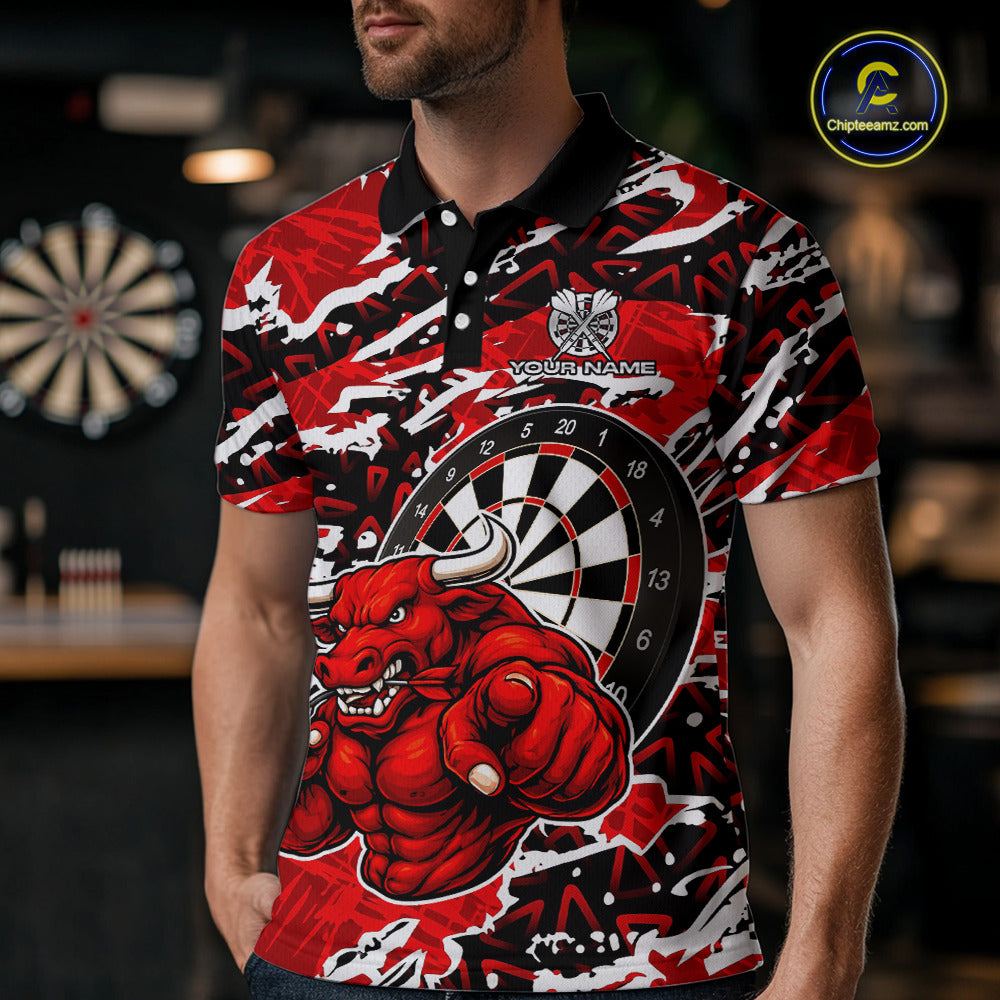 Personalized Men Darts Bull Grunge Red Polo Shirt Custom Name Polo 1/4-Zip Shirt Gift For Darters NYN2856