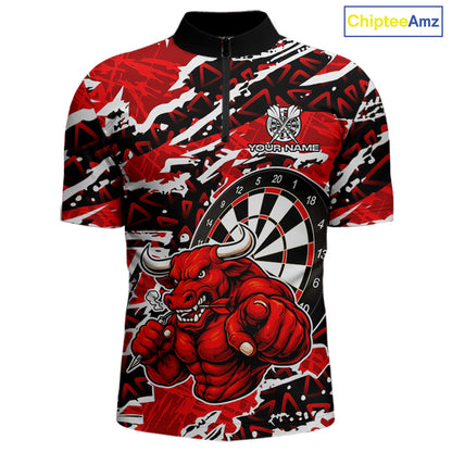 Personalized Men Darts Bull Grunge Red Polo Shirt Custom Name Polo 1/4-Zip Shirt Gift For Darters NYN2856