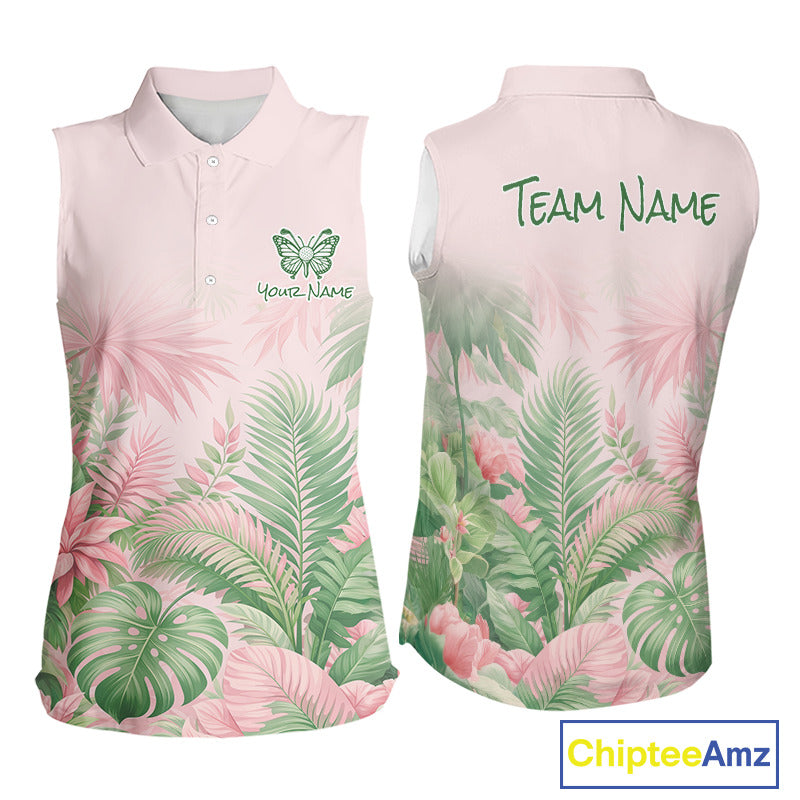 Personalized Green And Pink Tropical Pattern Custom Golf Sleeveless Polo Shirt For Women Golf Team Clothes NYN2864