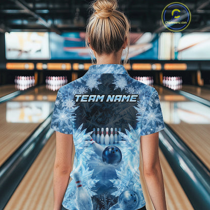 Icy Womens Bowling Shirts Custom Snowflake Icy Bowling Ball And Pins Team League Bowler Jerseys NYN3070