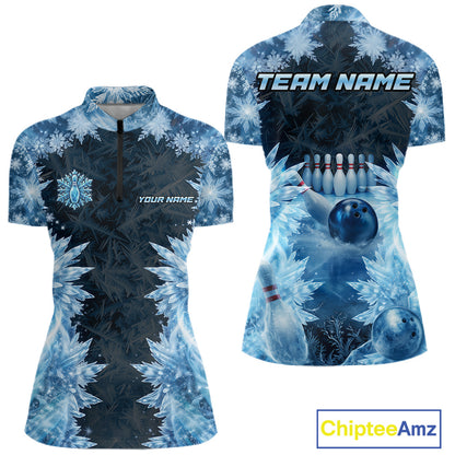 Icy Womens Bowling Shirts Custom Snowflake Icy Bowling Ball And Pins Team League Bowler Jerseys NYN3070