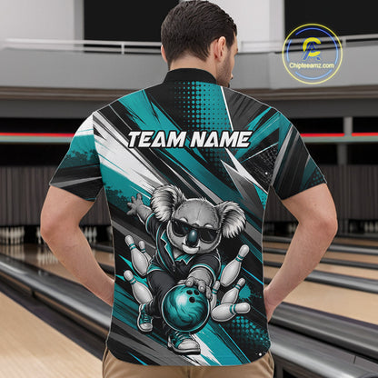 Male bowler wearing Funny Bear bowling jersey featuring wilderness-inspired mascot graphics, personalized league apparel, confidence, leadership, strength, custom athletic bowling clothing.