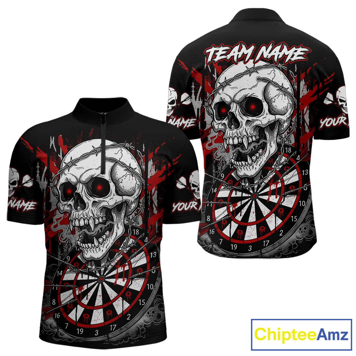 Custom Red Grey Skull Barbed Wire Dartboard Grunge Darts Quarter-Zip Shirt For Men Dart Gifts NYN1968