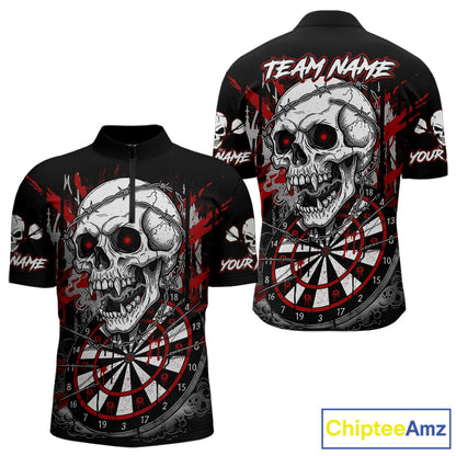 Custom Red Grey Skull Barbed Wire Dartboard Grunge Darts Quarter-Zip Shirt For Men Dart Gifts NYN1968