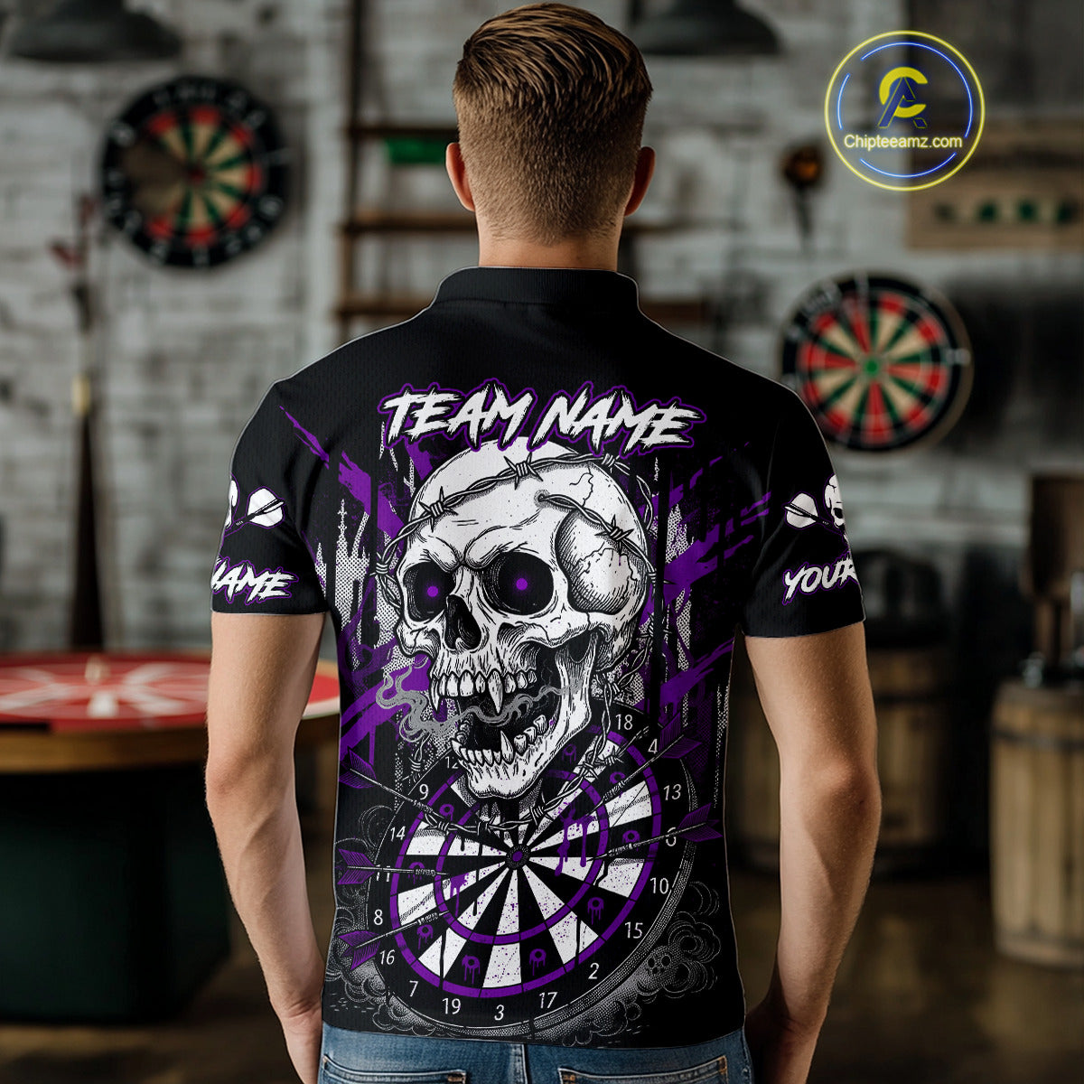 Custom Purple Grey Skull Barbed Wire Dartboard Grunge Darts Polo Shirt For Men Dart Gifts NYN1969