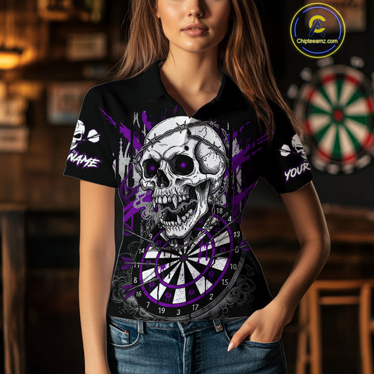 Custom Purple Grey Skull Barbed Wire Dartboard Grunge Darts Polo Shirt For Women Dart Gifts NYN1969