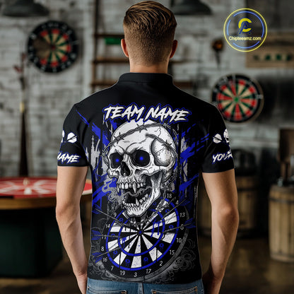 Custom Blue Grey Skull Barbed Wire Dartboard Grunge Darts Polo Shirt For Men Dart Gifts NYN1970