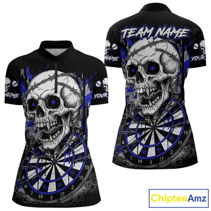 Custom Blue Grey Skull Barbed Wire Dartboard Grunge Darts Quarter-Zip Shirt For Women Dart Gifts NYN1970