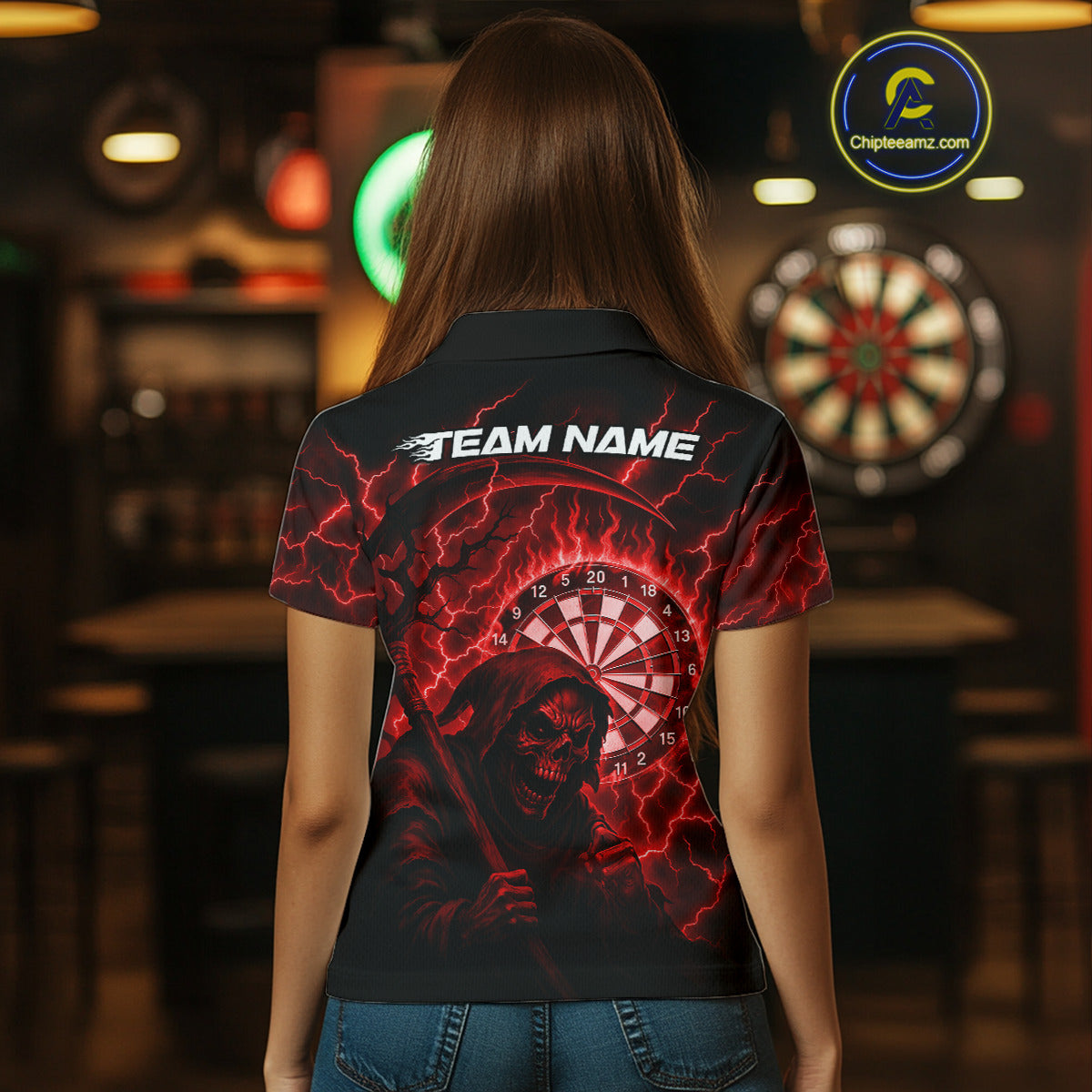 Custom Lightning Red Grim Reaper Women Dart Polo Shirt Flames Dart Tournament Jersey NYN1448