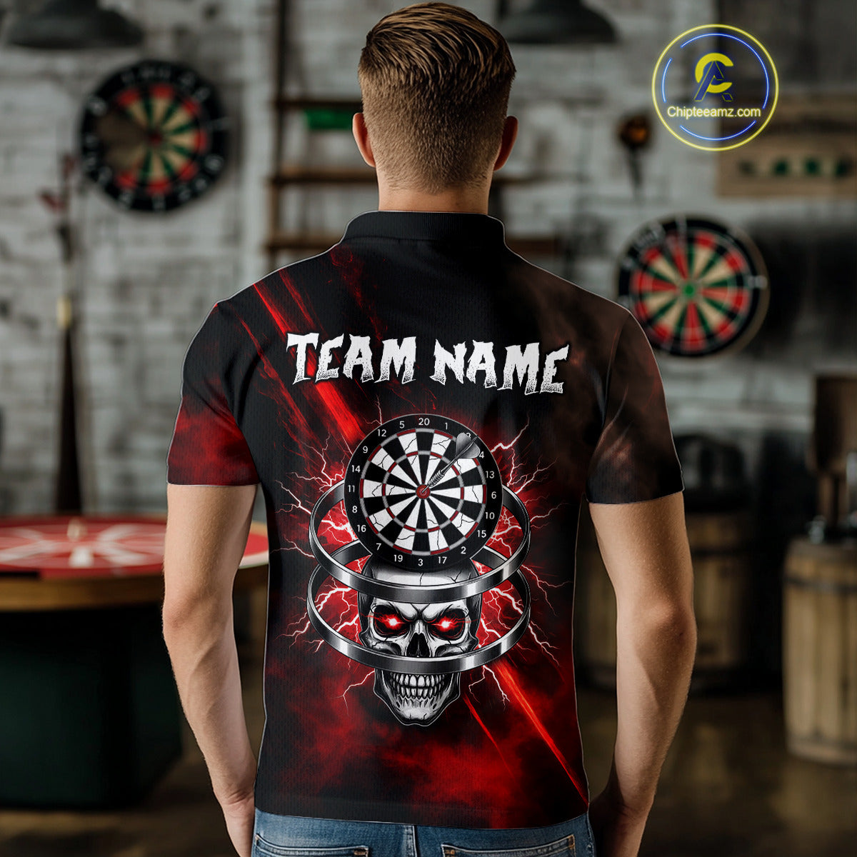 Custom Silver Skull Dartboard Lightning Red Dart Men Polo Jerseys Outfits Dart Shirt NYN1710