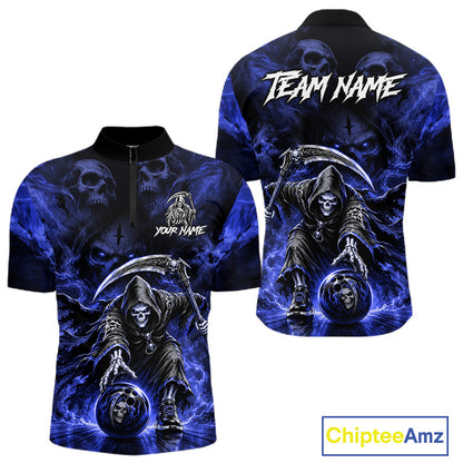 Black & Blue Flame Grim Reaper Quarter-Zip Bowling Jersey featuring custom bowling team logo, breathable sportswear, championship tournament apparel.