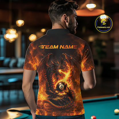 Male billiard player wearing Fire Flame Dragon 8 ball pool jersey, personalized billiard team shirt