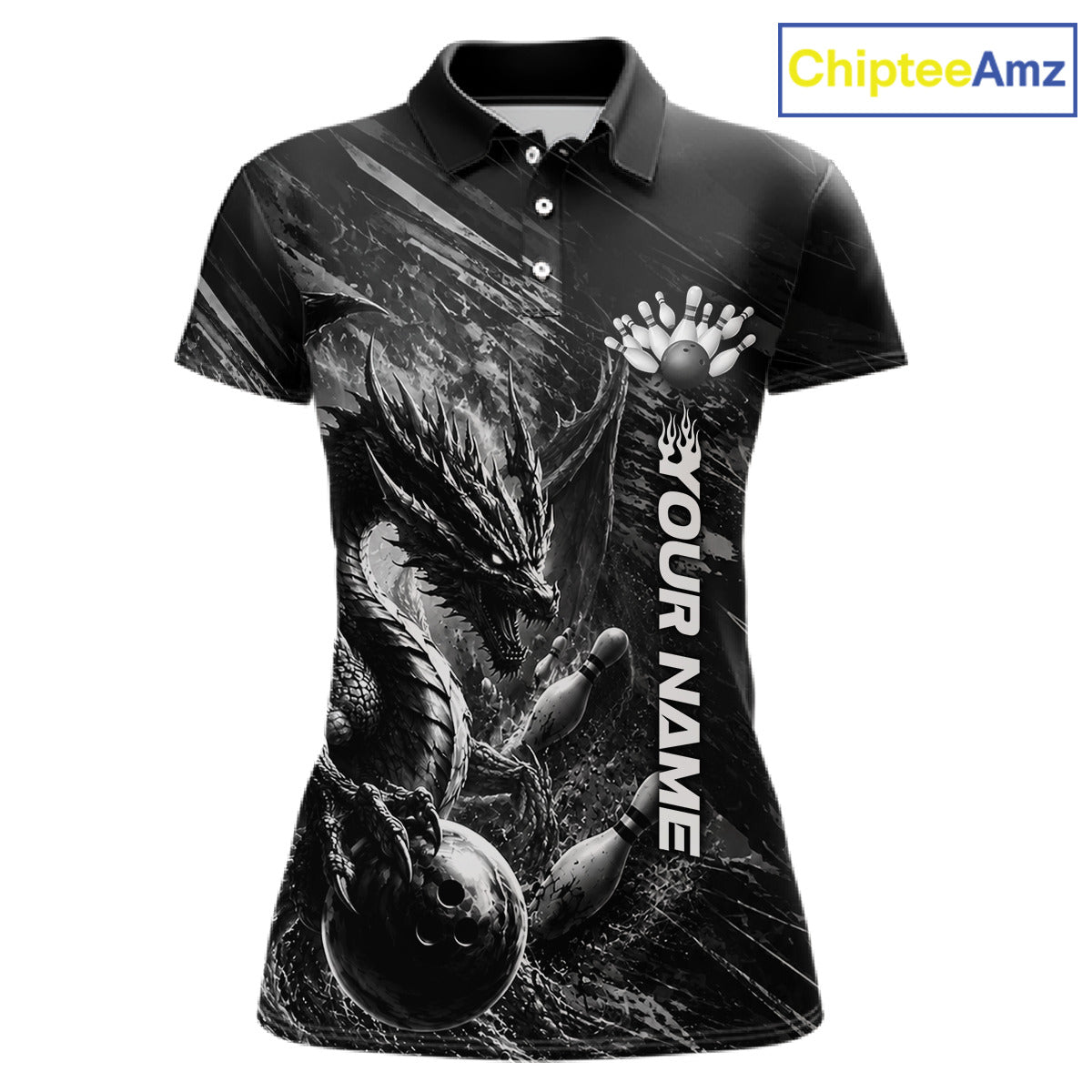Black and White Grunge Dragon women's bowling polo shirt, personalized bowling ball and pins jersey, custom team apparel