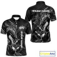 Load image into Gallery viewer, Black and White Grunge Dragon men's bowling polo shirt, personalized bowling ball and pins jersey, custom team apparel