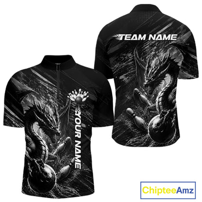 Black and White Grunge Dragon men's bowling quarter zip shirt, custom bowling team uniform