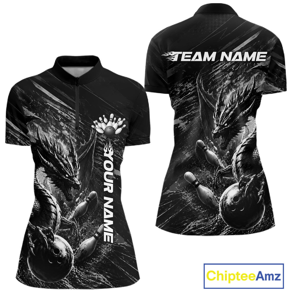 Black and White Grunge Dragon women's bowling quarter zip shirt, custom bowling team uniform