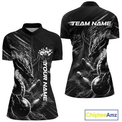 Black and White Grunge Dragon women's bowling quarter zip shirt, custom bowling team uniform