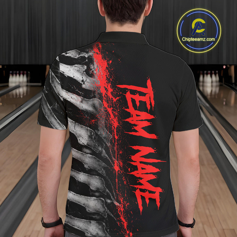 Male model wearing Red Splatter Grey Bone custom bowling polo shirt, personalized skeleton league jersey, bowling tournament apparel, power and determination