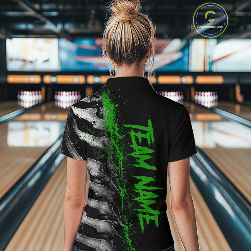 Female model wearing Green Splatter Grey Bone bowling polo shirt during bowling league tournament, skeleton design, athletic confidence, energy, resilience